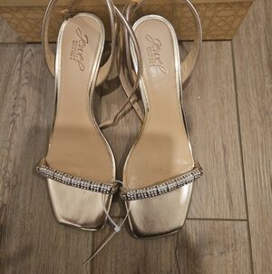 Jewel Badgley Mischka Gold Rhinestone Strap Heels